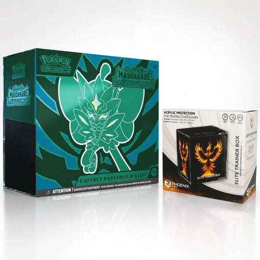 Bundle ETB Pokémon EV06 Mascarade Crépusculaire FR + Protection Acrylique Phoenix Shield - Poke-Geek