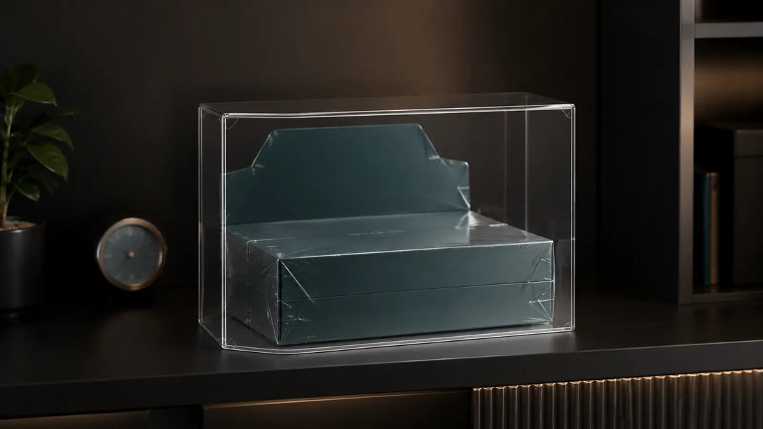 Display TCG générique scellé protégé dans un boîtier transparent sur une étagère sombre et stable