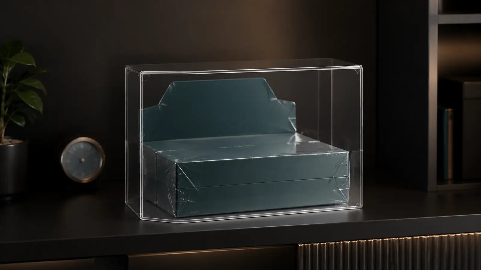 Display TCG générique scellé protégé dans un boîtier transparent sur une étagère sombre et stable