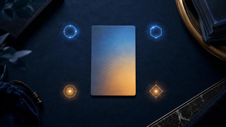 Carte TCG générique sans licence entourée de repères abstraits évoquant le coût, l’encre, le type et la rareté sur un fond bleu nuit