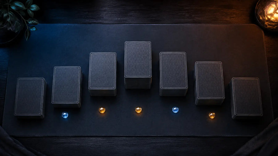 Courbe abstraite formée par des piles de cartes TCG génériques de coûts croissants sur un tapis sombre avec cinq marqueurs lumineux