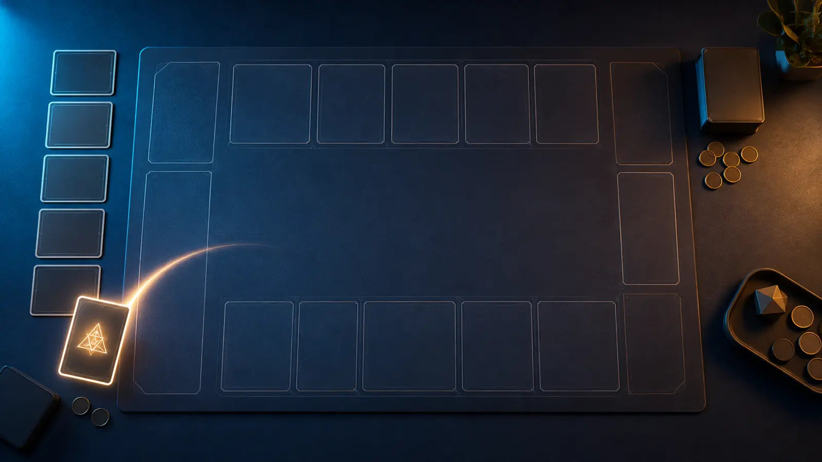 Tapis TCG générique avec cinq cartes dans une zone de Vie et une carte Trigger abstraite partiellement révélée