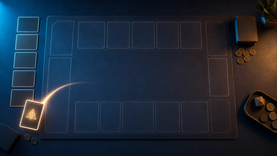 Tapis TCG générique avec cinq cartes dans une zone de Vie et une carte Trigger abstraite partiellement révélée