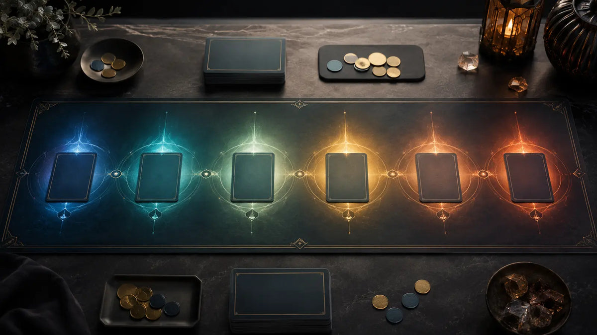 Neutrale TCG-Spielmatte mit sechs leuchtenden Bereichen als Symbol für die Zugphasen