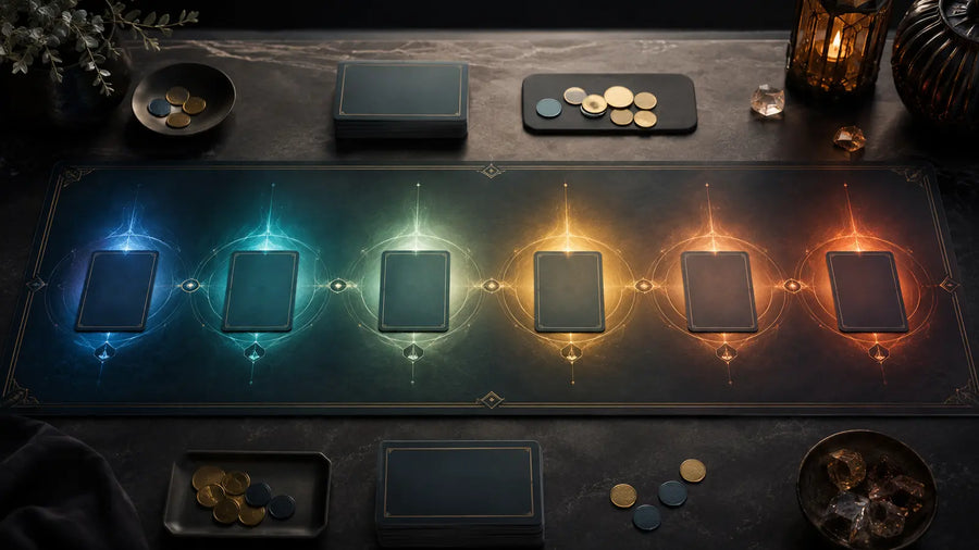 Generic TCG playmat with six successive glowing zones representing the phases of a turn