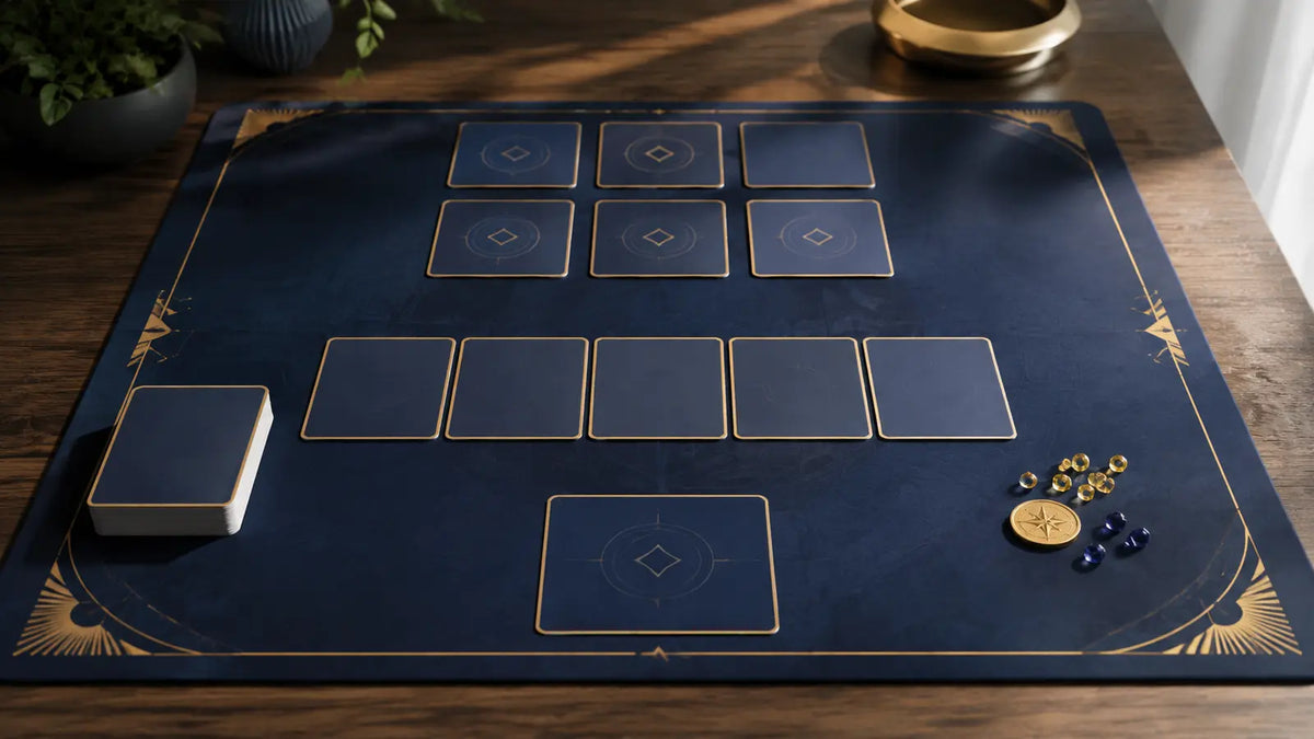 Generic TCG table with one active card area, a bench row and six face-down prize card shapes