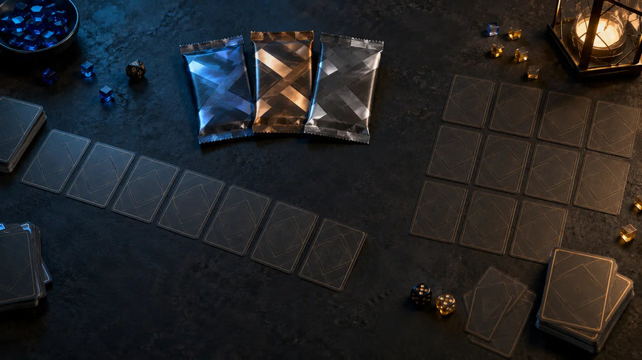 Generic TCG table with three abstract boosters, unillustrated cards and two deck-building areas