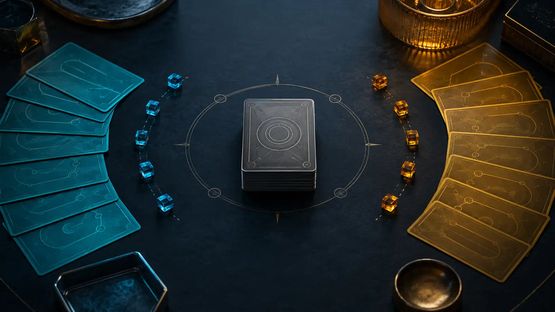 Mesa TCG genérica con grupos de cartas abstractas turquesa y ámbar que convergen en un mazo central
