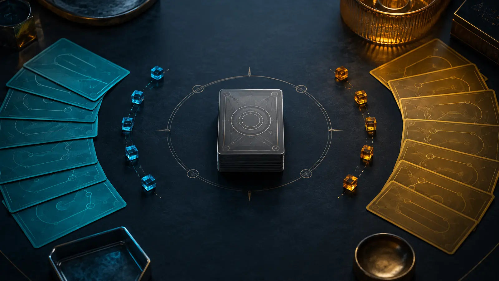 Generic TCG table with turquoise and amber abstract card groups converging into one central deck