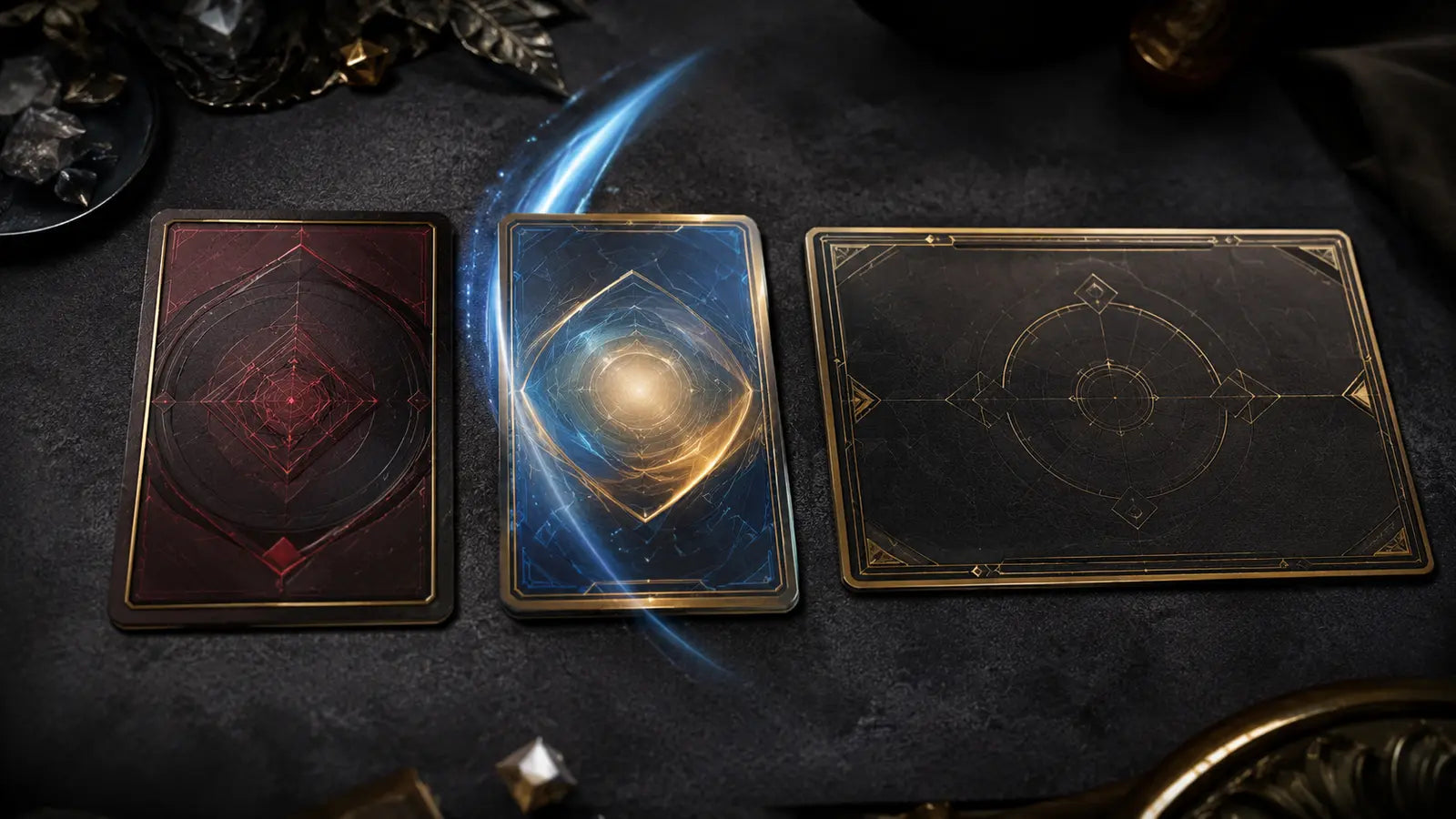 Tres cartas TCG genéricas abstractas que representan Character, Event y Stage sobre un tapete oscuro