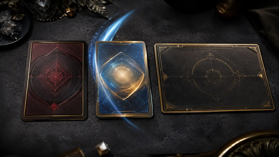 Trois cartes TCG génériques abstraites symbolisant Character, Event et Stage sur un tapis sombre