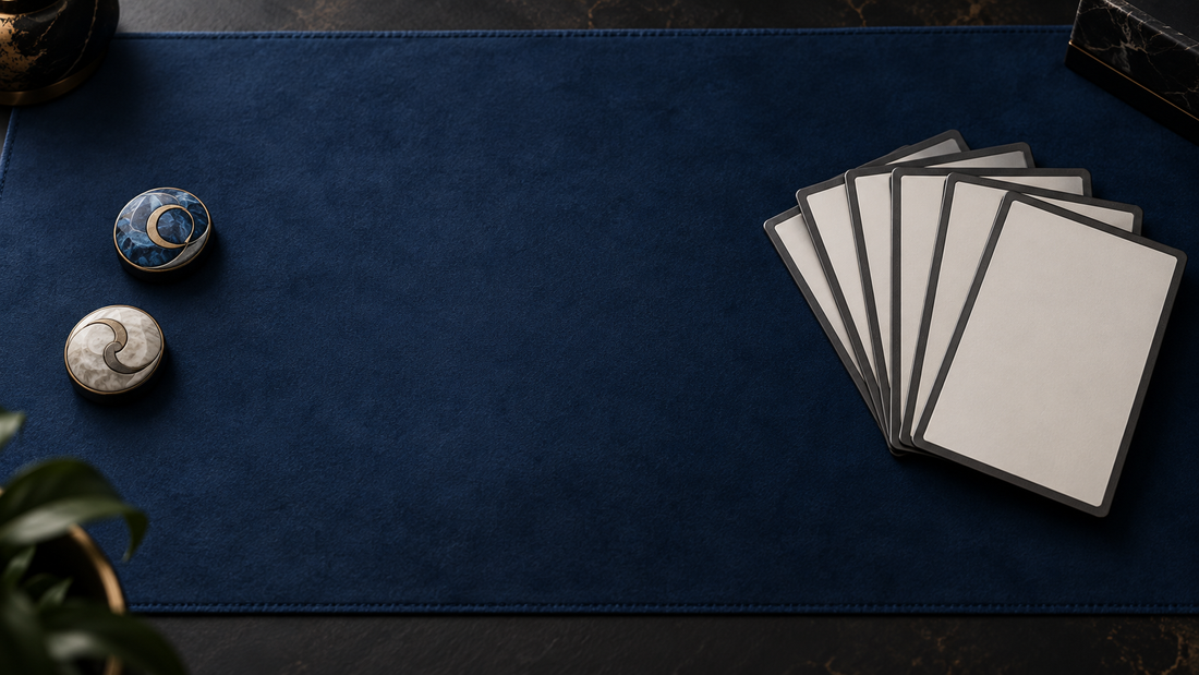 Blank cards fanned opposite two round markers on a blue playmat