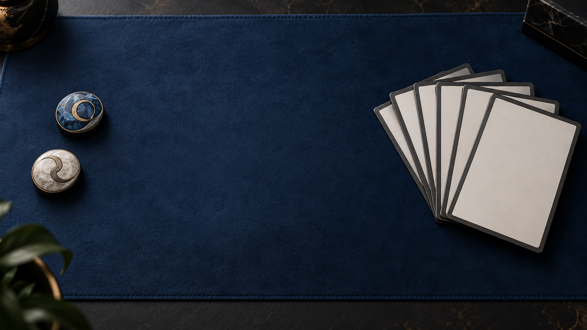 Cartes vierges en éventail face à deux marqueurs circulaires sur un tapis bleu