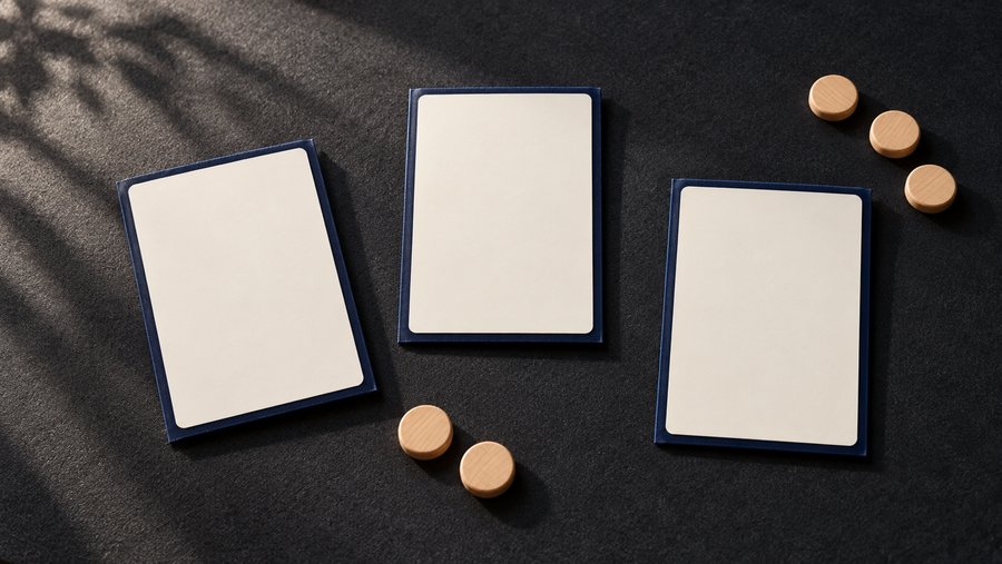 Cartes vierges et petits marqueurs sur un tapis sobre évoquant une séquence de soutien