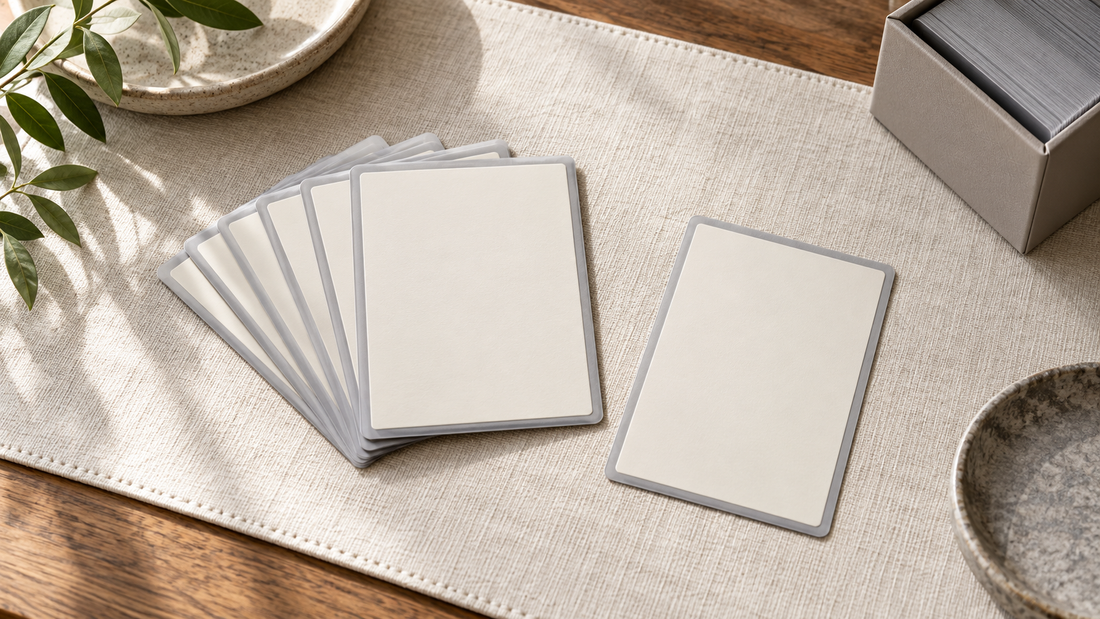 A blank selected card beside a fan of neutral cards on a light playmat