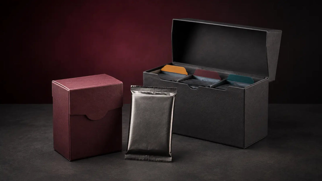 Starter Deck, booster et coffret de rangement Lorcana disposés sur une table de jeu sombre