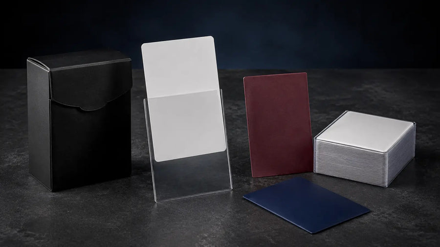 Sleeves transparentes et deck box alignées autour de cartes TCG génériques sans illustration