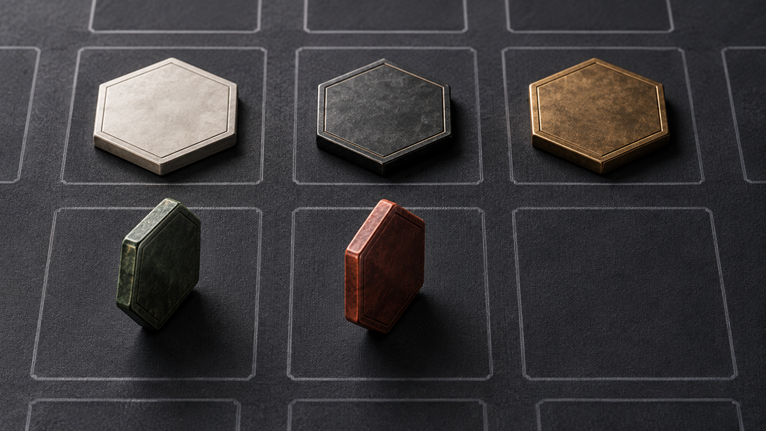Neutral hexagonal pieces inside outlined card zones on a grey playmat