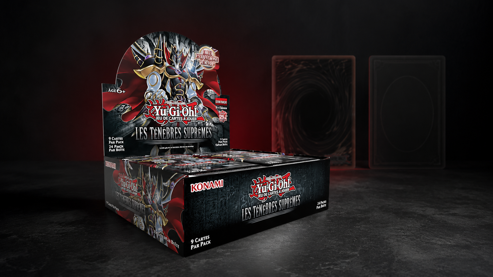 Display Yu-Gi-Oh! TCG français sur fond sombre avec deux repères visuels neutres pour OCG et TCG