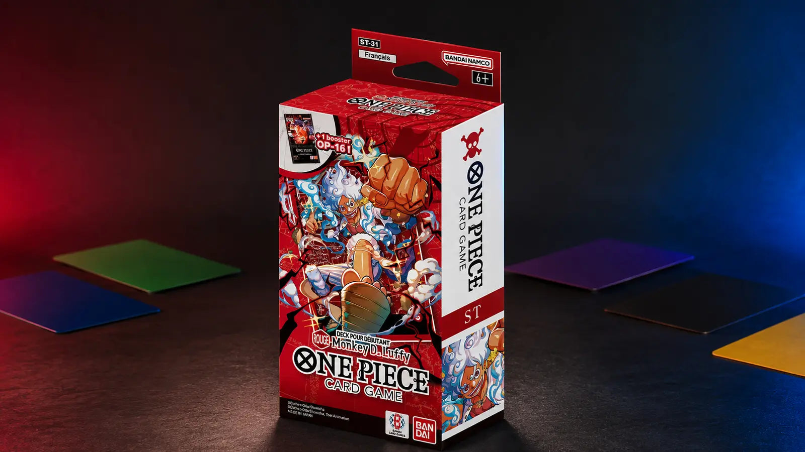Starter deck One Piece in una scena da studio premium con indicatori colorati per il deck building