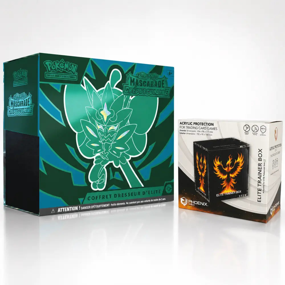 Bundle ETB Pokémon EV06 Mascarade Crépusculaire FR + Protection Acrylique Phoenix Shield - Poke-Geek