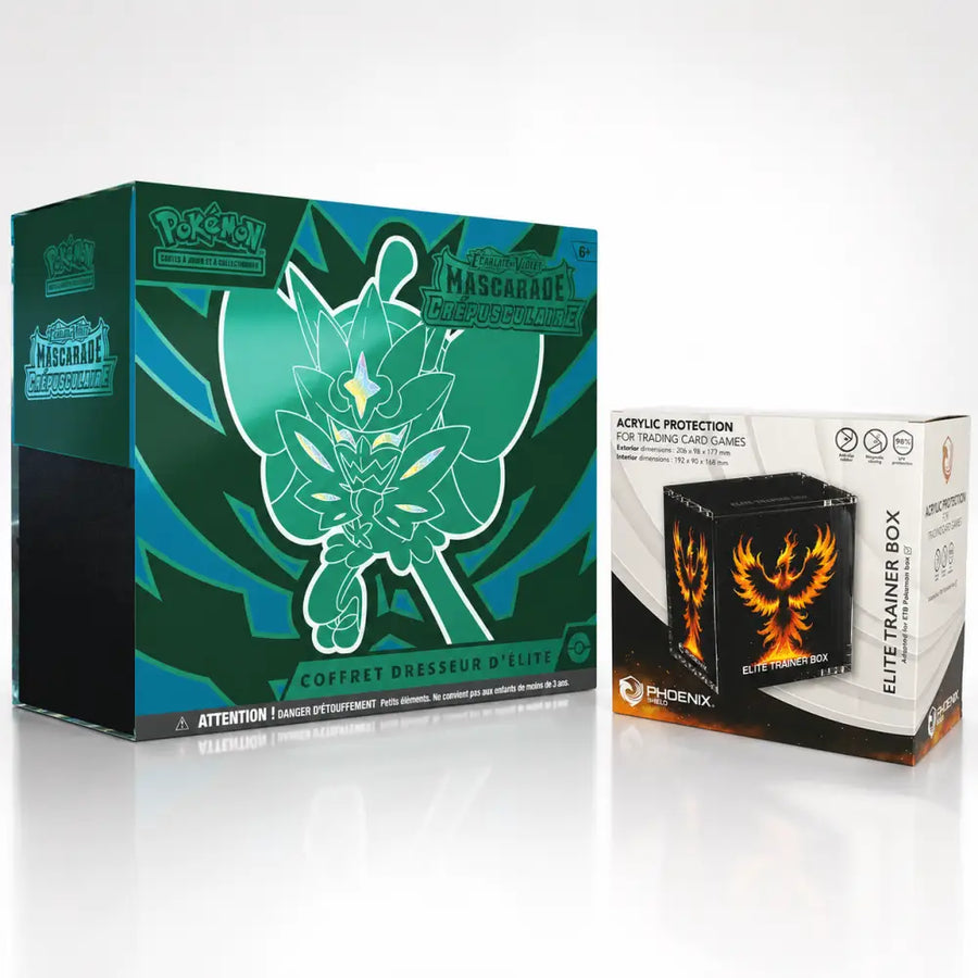 Bundle ETB Pokémon EV06 Mascarade Crépusculaire FR + Protection Acrylique Phoenix Shield - Poke-Geek