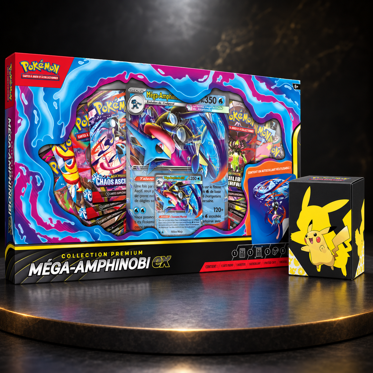 Bundle Collection Premium Méga-Amphinobi-ex avec coffret 8 boosters français et Deck Box Pikachu Ultra Pro