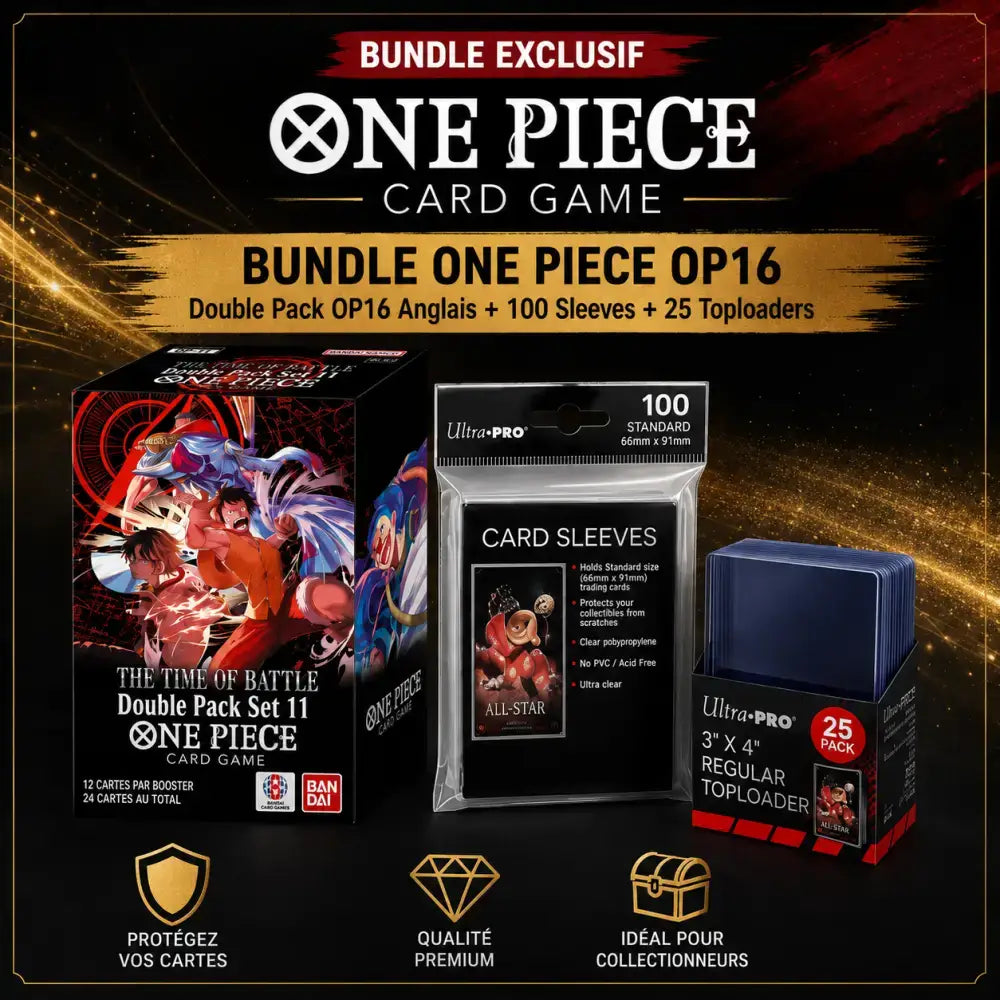 Bundle One Piece OP16 The Time of Battle – Double Pack Anglais + 100 Sleeves + 25 Toploaders - Poke-Geek