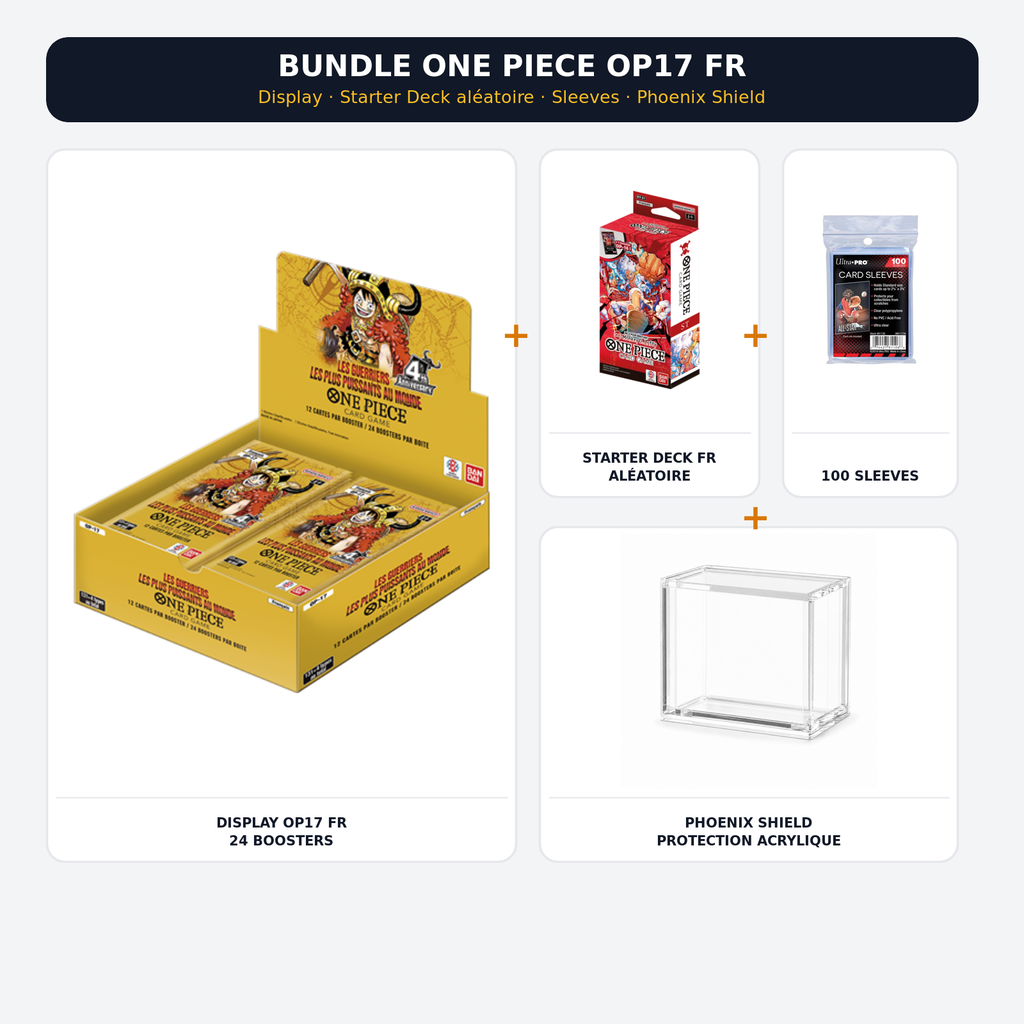 Bundle One Piece OP17 français avec display, Starter Deck aléatoire, 100 sleeves et protection Phoenix Shield