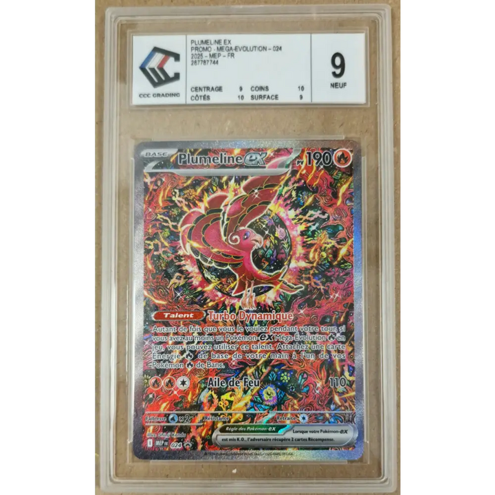 Carte Pokémon Plumeline ex 024 – Promo Méga-Évolution – FR – Gradée CCC 9