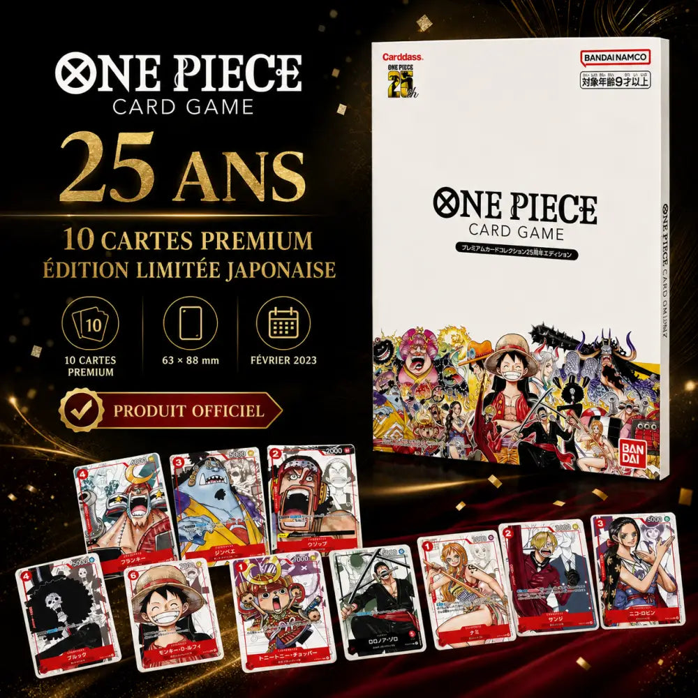 Collection One Piece 25 ans avec étui officiel et aperçu des 10 cartes japonaises