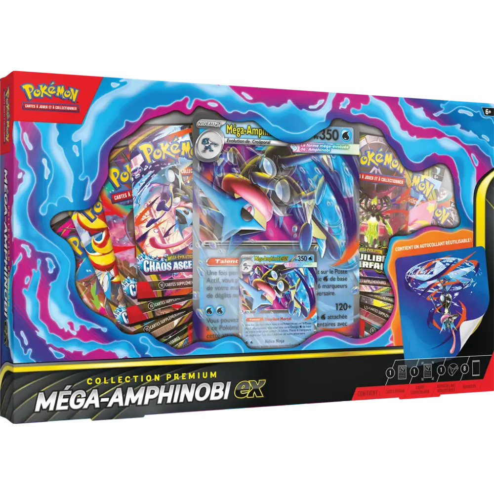 Coffret Collection Premium Méga-Amphinobi-ex avec 8 boosters français, composant du bundle avec Deck Box Pikachu