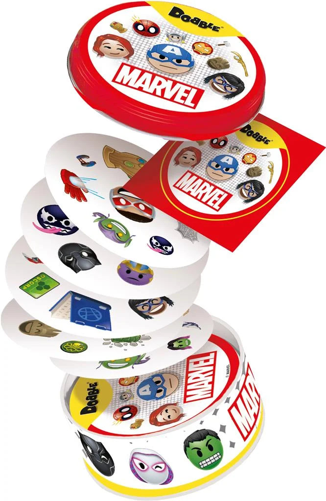 Dobble Marvel Emoji – contenu du jeu avec cartes, boîte métal et règles