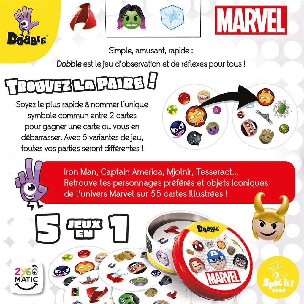 Dobble Marvel Emoji – dos de la boîte du jeu français