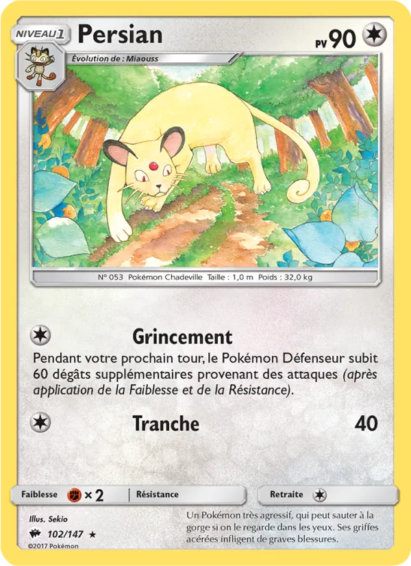 Persian 102/147 — SL3 – Ombres Ardentes — Carte Pokémon française
