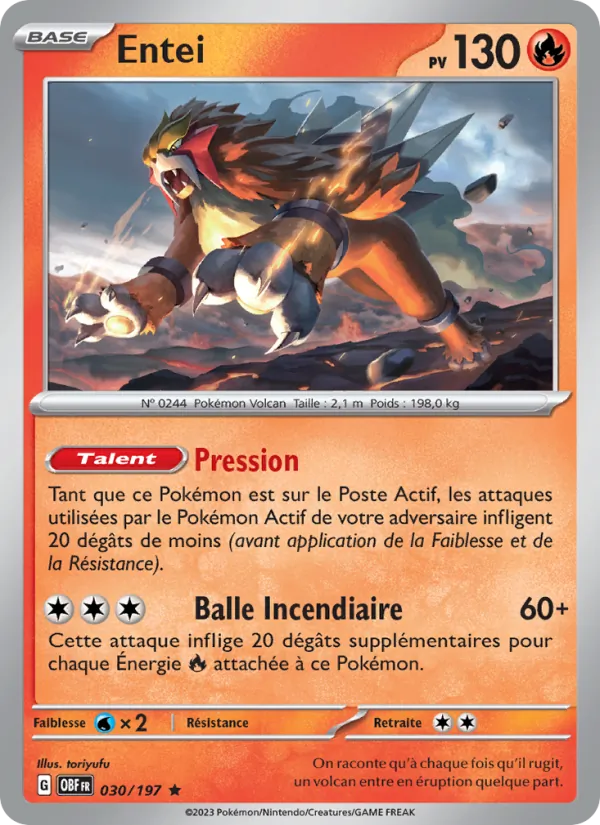 Entei 30/197 — EV03 – Flammes Obsidiennes — Carte Pokémon française