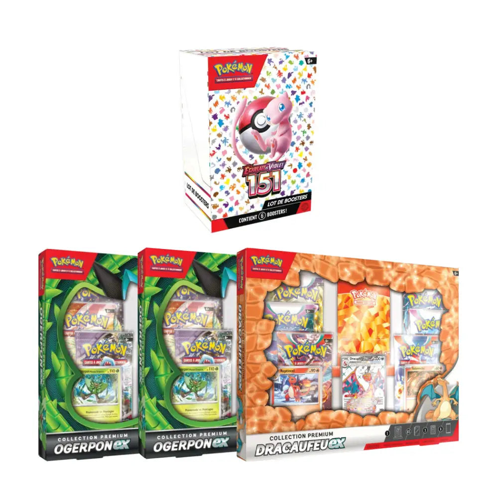 Pack: 1 Bundle Pokémon 151 + 2 Coffrets Ogerpon Ex Coffret Collection Premium Dracaufeu Ex - Fr