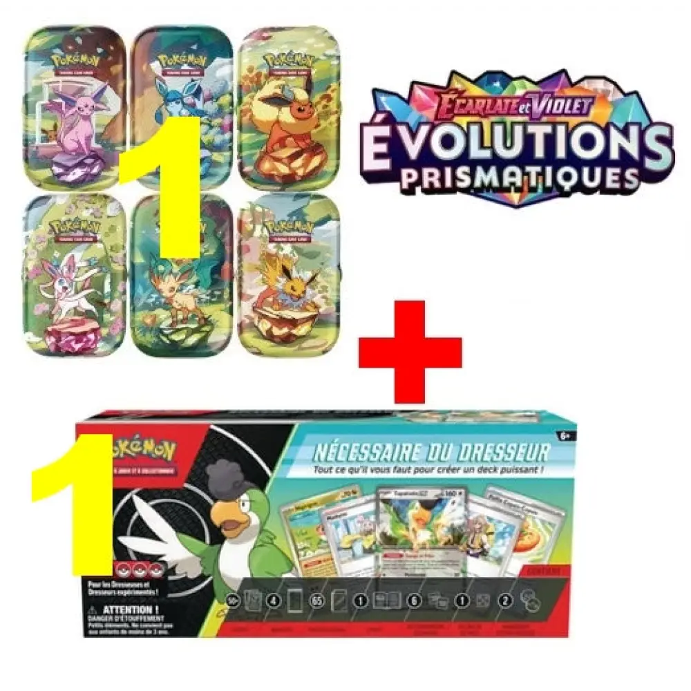 Pack: 1 Mini-Tin aléatoire EV 8.5 Évolutions Prismatiques + 1 Coffret Nécessaire du Dresseur 2024 ’Tapatoes EX - FR 🚩 1