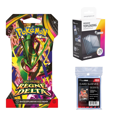 Pack ME06 Règne Delta français : un blister illustré Méga-Rayquaza à titre d’exemple, illustration aléatoire, 100 sleeves Ultra Pro et 25 toploaders Gamegenic