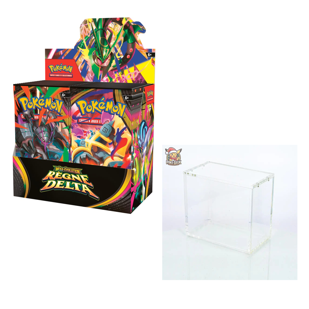 Pack Pokémon ME06 Règne Delta français : display de 36 boosters et protection acrylique Phoenix Shield vide