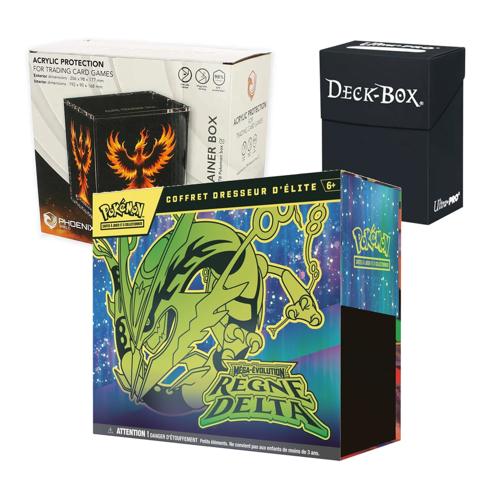 Pack ME06 Règne Delta français : ETB au premier plan, protection acrylique Phoenix Shield 69002 à gauche et Deck Box noire Ultra Pro 80 cartes à droite.