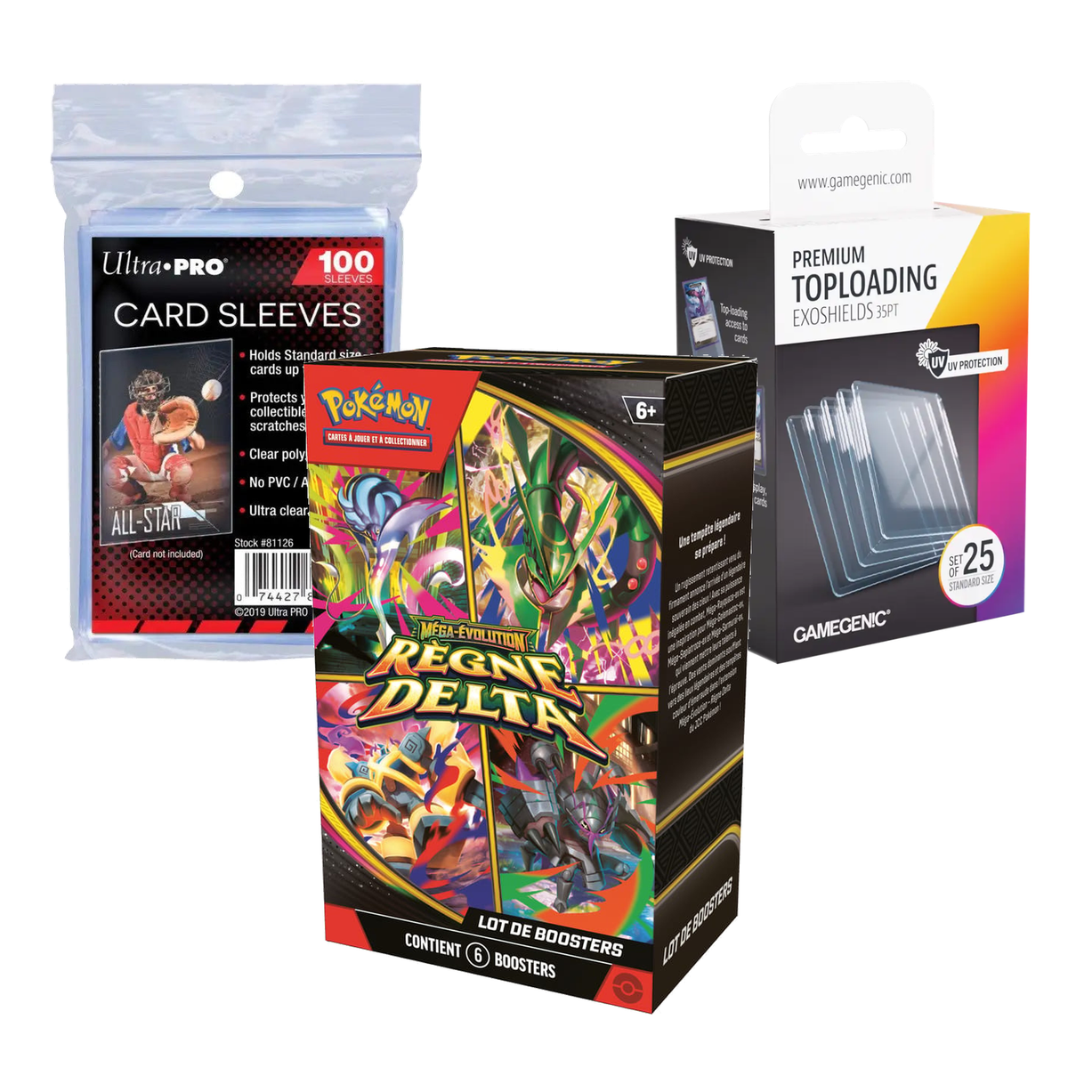 Pack Pokémon ME06 Règne Delta FR : bundle de 6 boosters, 100 sleeves Ultra Pro et 25 toploaders Gamegenic Exoshield 35pt
