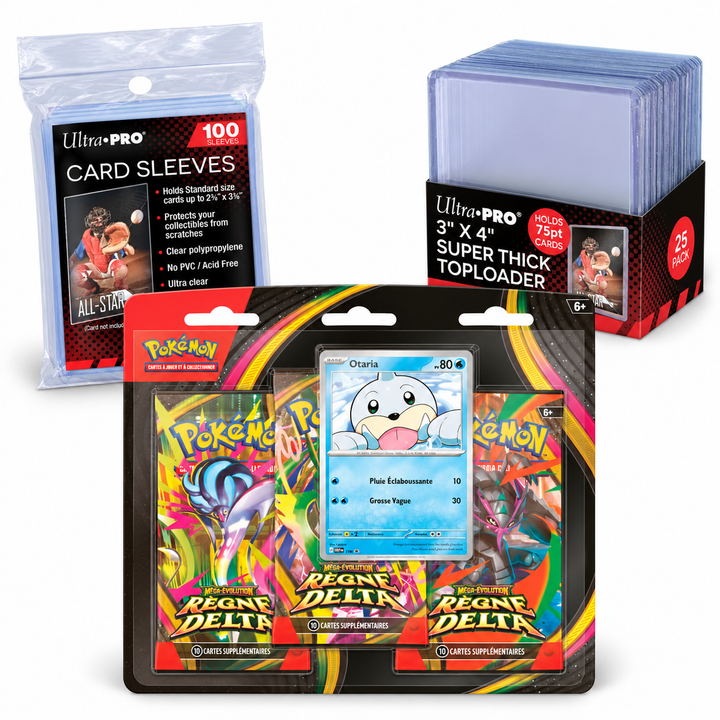 Pre-order – Shipping from 6 November 2026 – Pack Tripack Otaria Pokémon ME06 Règne Delta FR + 100 transparent Ultra Pro sleeves + 25 Ultra Pro 75pt Toploaders
