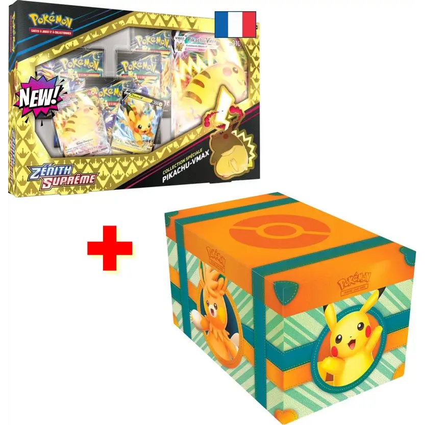 Pack Pokémon : 1 Coffret Pikachu VMAX Zénith Suprême + 1 COFFRE AVENTURE À PALDEA FR - Poke-Geek