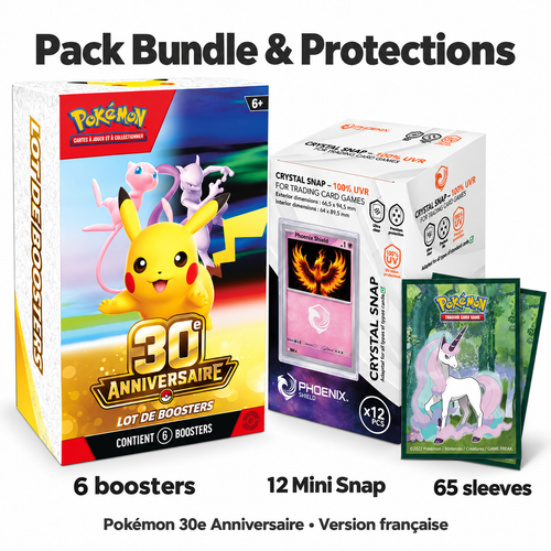 Pack Pokémon 30 ans FR : un bundle de six boosters, 12 Mini Snap Phoenix Shield et 65 sleeves Clairière Enchantée