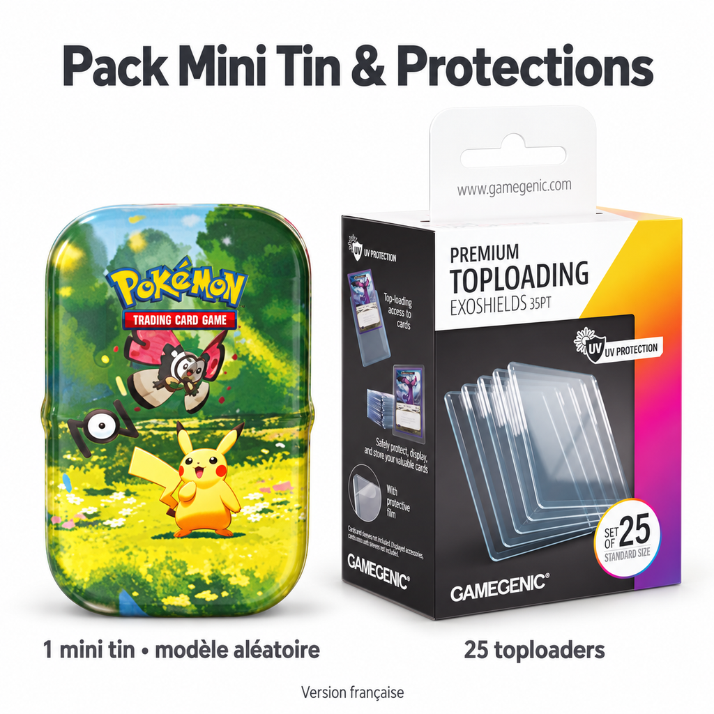 Pack Mini Tin Pokémon 30 ans FR : une mini tin au modèle aléatoire et 25 toploaders Gamegenic