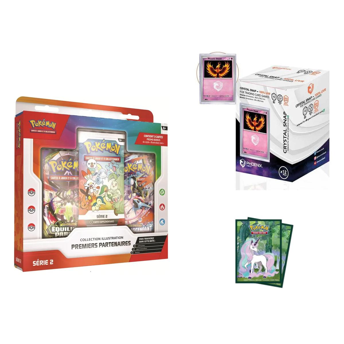 Pack Pokémon Premiers Partenaires Série 2 FR : coffret, 12 Mini Snap Phoenix Shield et 65 sleeves Ultra Pro Clairière Enchantée