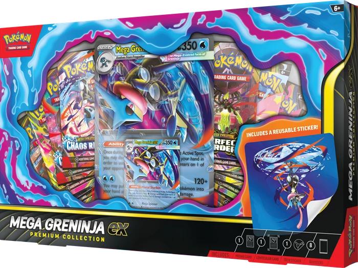 Coffret Pokémon Collection Premium Méga-Amphinobi-ex en anglais avec 8 boosters, deux cartes promo et un sticker