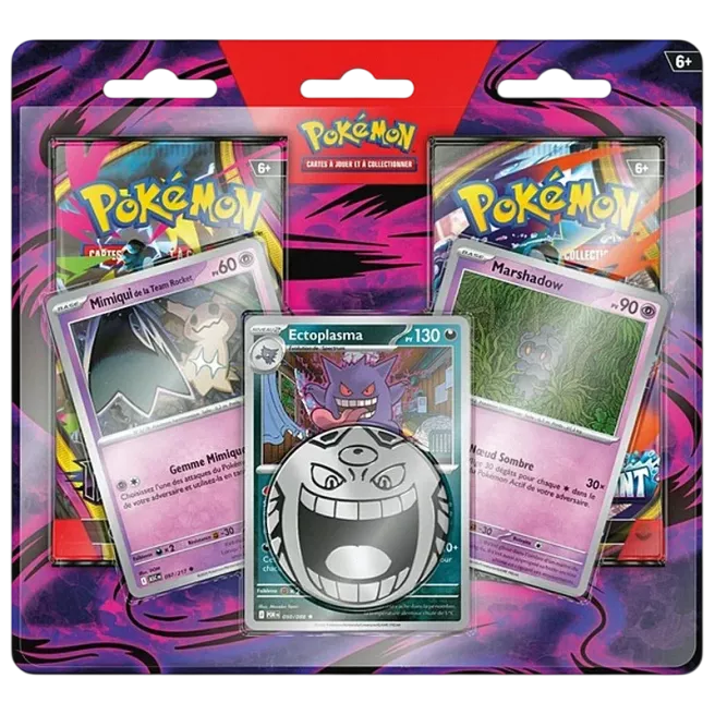 Duo Pack Pokémon français : deux boosters Chaos Ascendant et Nuit Noire, cartes Ectoplasma, Marshadow et Mimiqui de la Team Rocket, et une pièce Méga-Ectoplasma