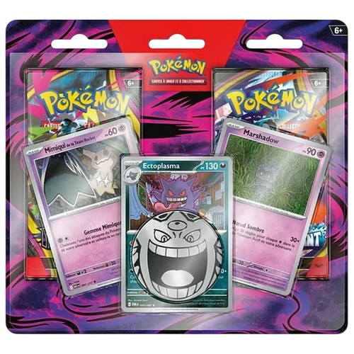 Duo Pack Pokémon français : deux boosters Chaos Ascendant et Nuit Noire, cartes Ectoplasma, Marshadow et Mimiqui de la Team Rocket, et une pièce Méga-Ectoplasma